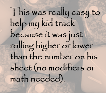 This was really easy to help my kid track because it was just rolling higher or lower than the number on his sheet (no modifiers or math needed).