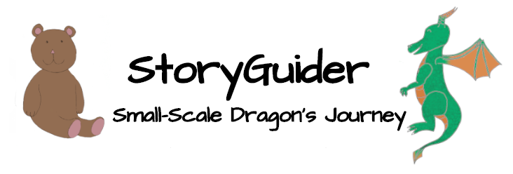 StoryGuider:  A Small-Scale Dragon's Journey cover page (a starting tabletop RPG adventure for kids)
Shows a stuffed bear and Sandy the Dragon