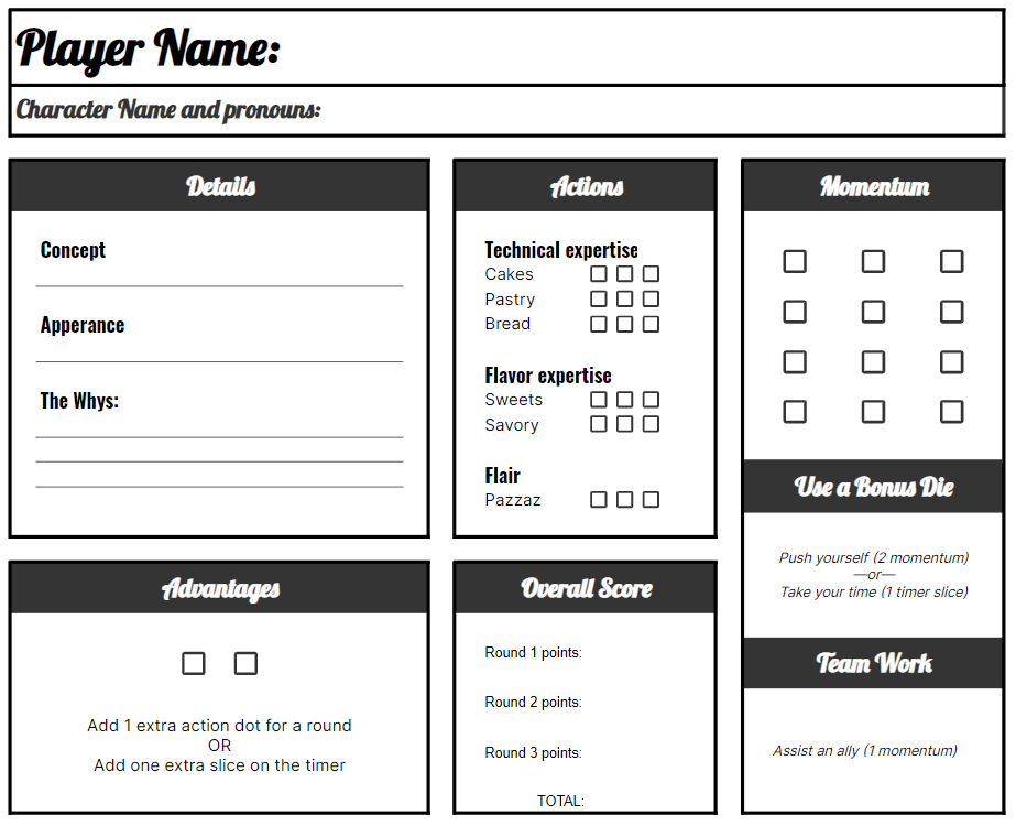 Bakers charge TTRPG character sheet