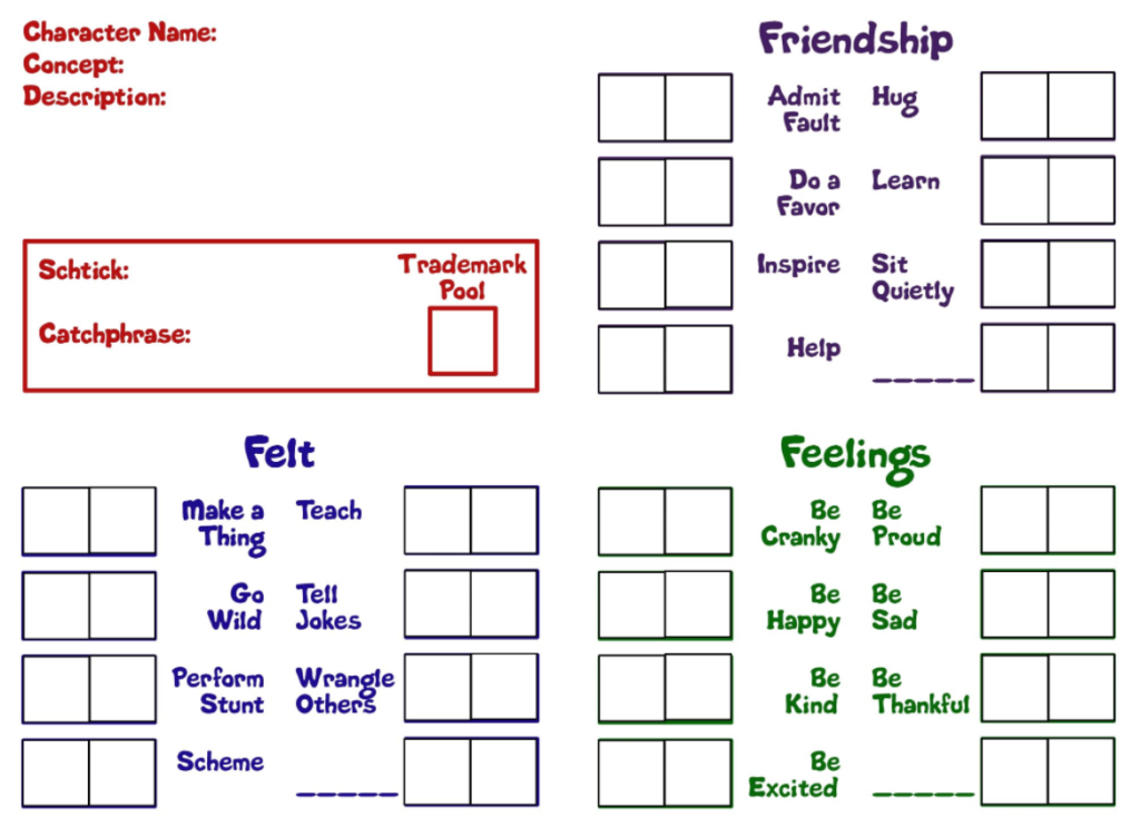 character sheet from Felt Friendship and Feelings!