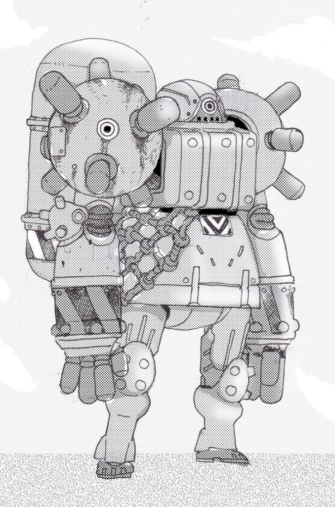 Gunplaya character art - a tabletop RPG about fish in mech suits!