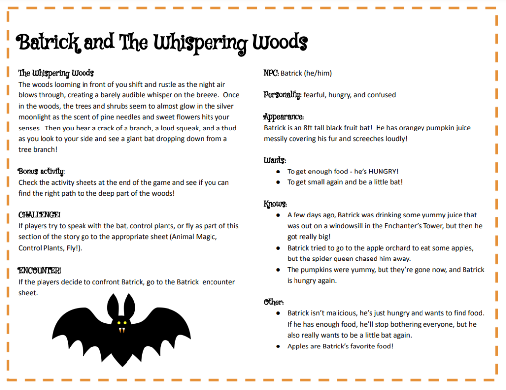 Skellian - halloween tabletop RPG for kids - Batrick and the whispering woods page
