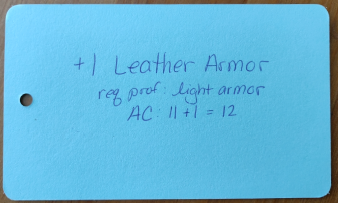 TTRPG item card for +1 leather armor