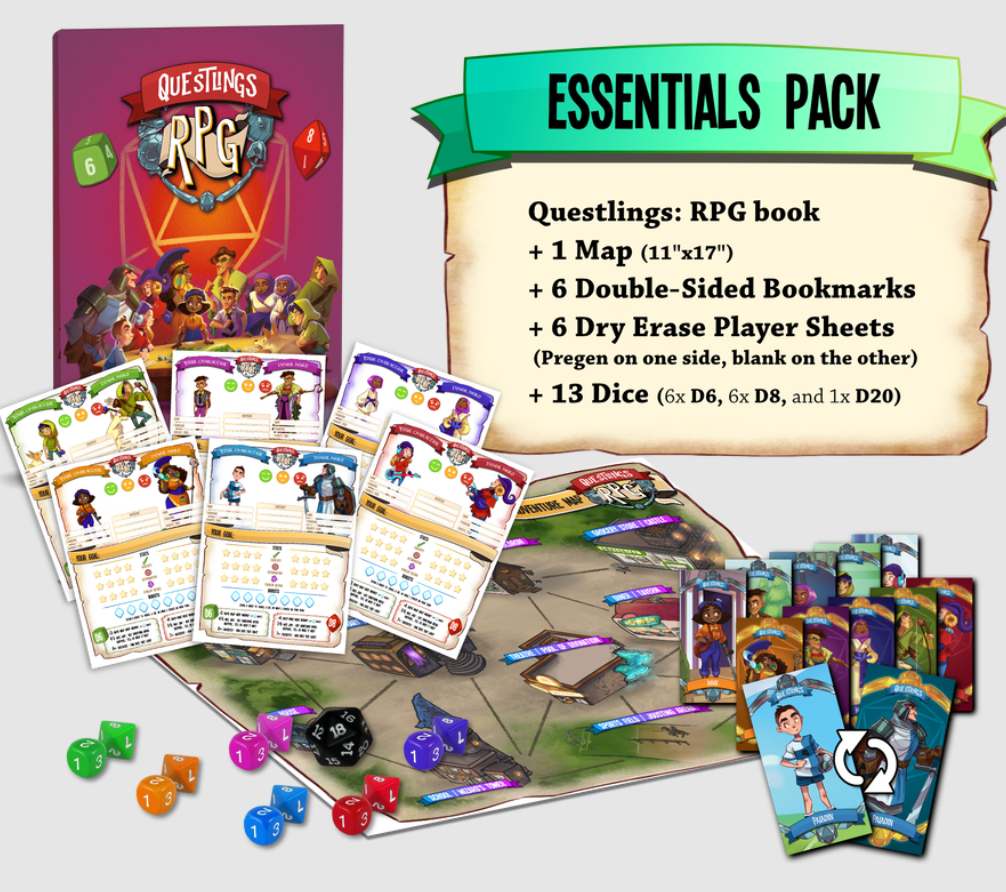 Questlings RPG essentials pack showing dice, character cards, game map, book, and more