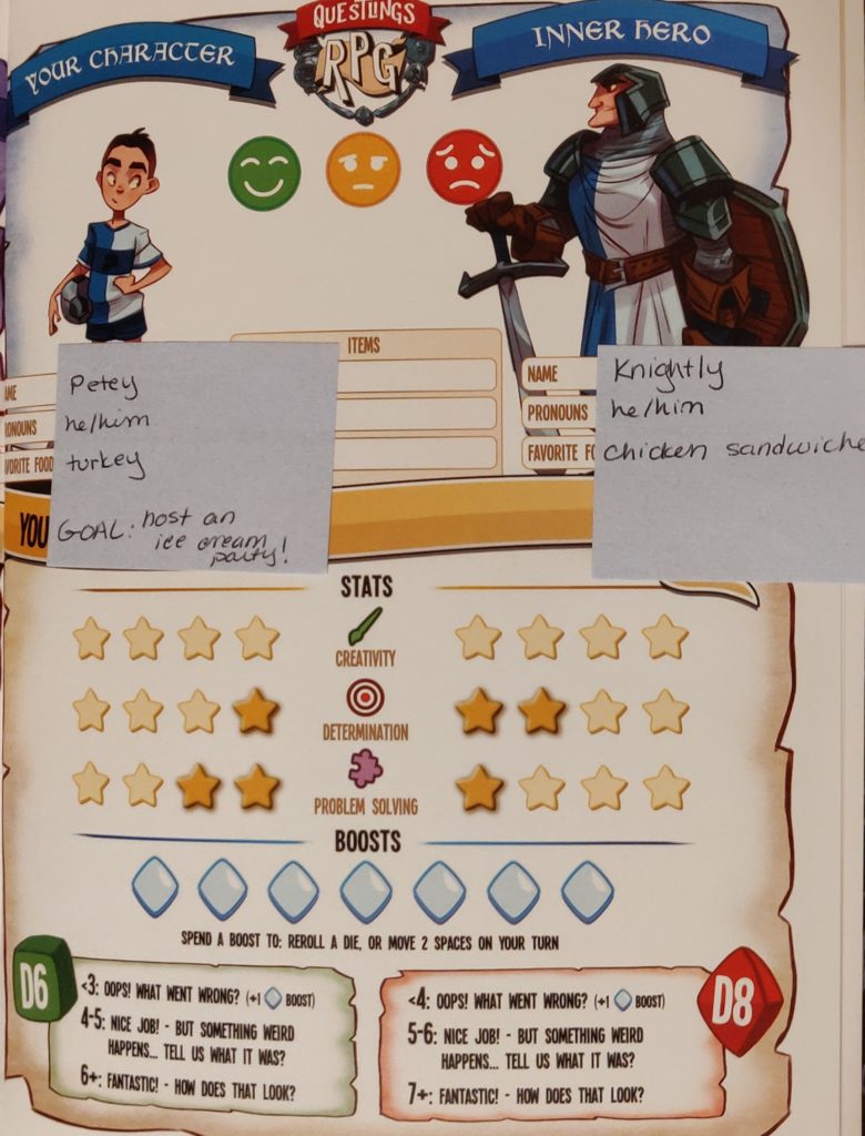 My kid's Questlings character sheet filled in