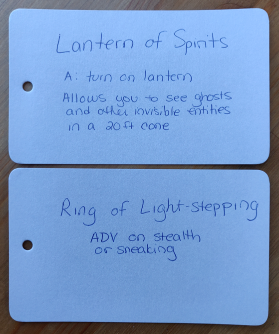 TTRPG item cards for magic items