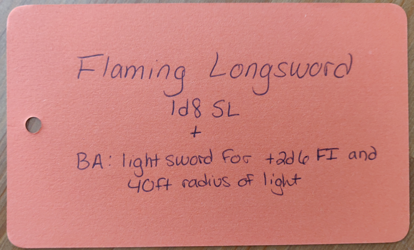 TTRPG item card for a flaming longsword