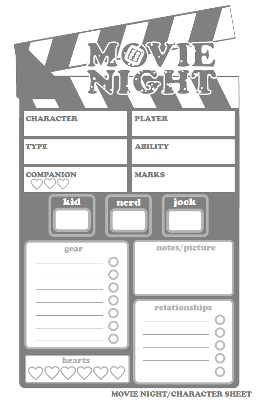 Movie Night - 80's movie tabletop RPG character sheet with movie clacker motif