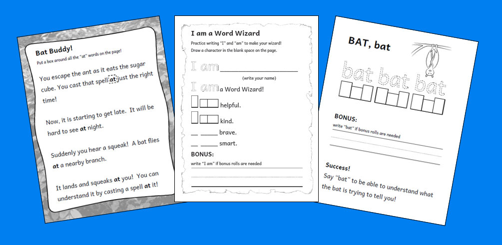 Adventure workbooks education tabletop RPG for kids example pages for tracing and sounding out words 