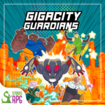 Gigacity Guardians title block showing several superheroes blasting off from a city background. Include the stories RPG logo in the bottom left corner