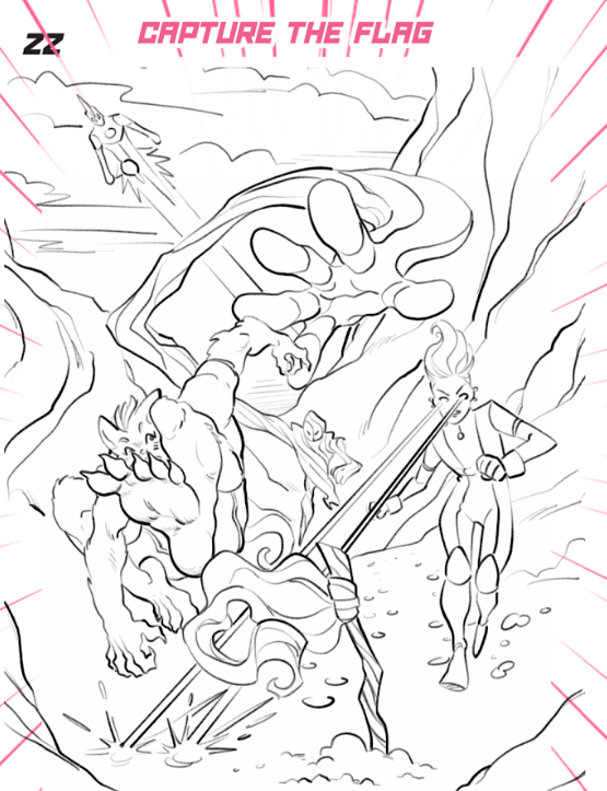 Gigacity Guardians coloring page showing several super heroes running forward in a training exercise