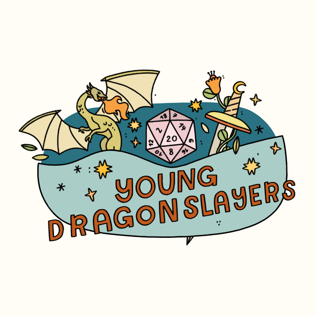 young dragonslayers logo showing a fire breathing dragon, a d20 die and a sword with the text "Young Dragonslayers"