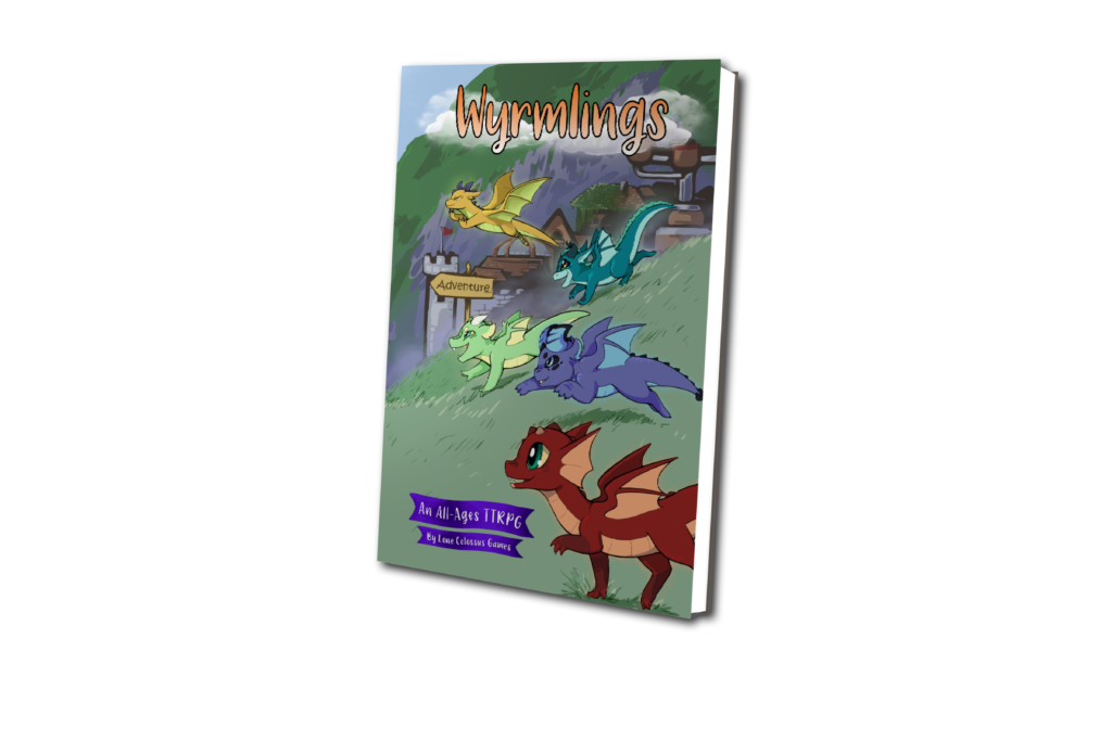 image of the wyrmlings TTRPG physical book with the  cover showing multiple adorable dragons dashing off to have an adventure 