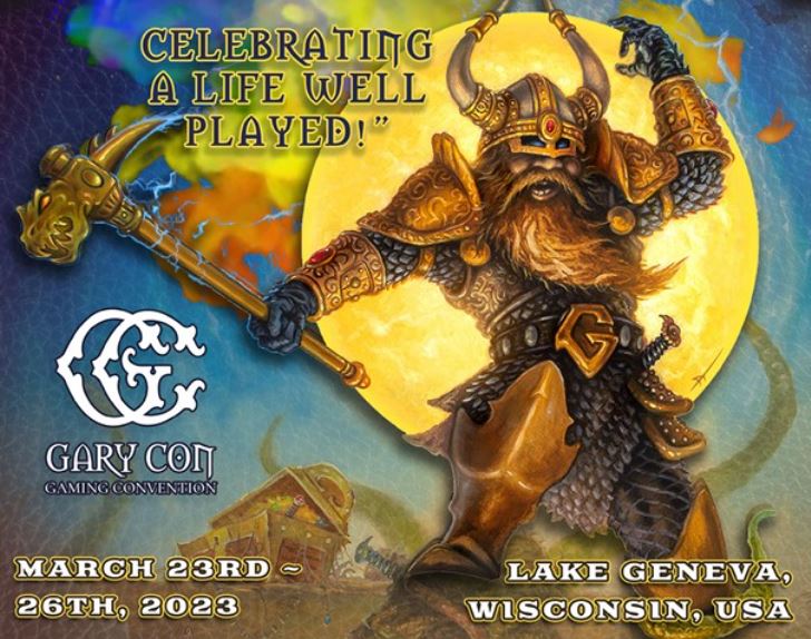 Gary Con XV poster image showing a barbarian holding a hammer with the phrase "celebrating a life well played"