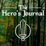 Title image for The Hero's Journal showing The Hero's Journal text with their logo image (a sword in a circle) and pictures of the hero Yew from the story on either side of the picture. There is also a forest picture for the background