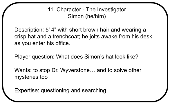 Character card for the Spring and Sprocket Express for Simon the Investigator.