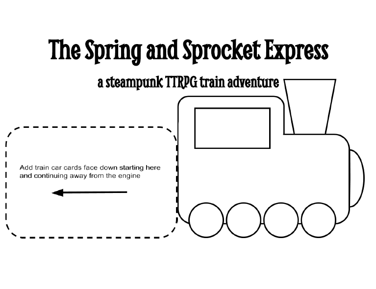 Train engine card showing a picture of a train with a space to place cards and text that says: the Spring and Sprocket Express a steampunk TTRPG adventure