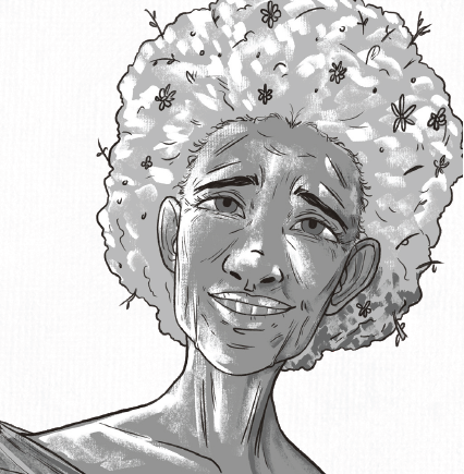 A greyscale drawing of Rosalind from Happy Little Treants.  Rosalind (Ros for short) has shaded skin and an afro full of bits of leaves, flowers, and other hints of nature.  Ros is smiling and has kind eyes.
