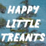 Happy Little Treants - title text in white paint strokes with a painted landscape in the background including trees and a mountain