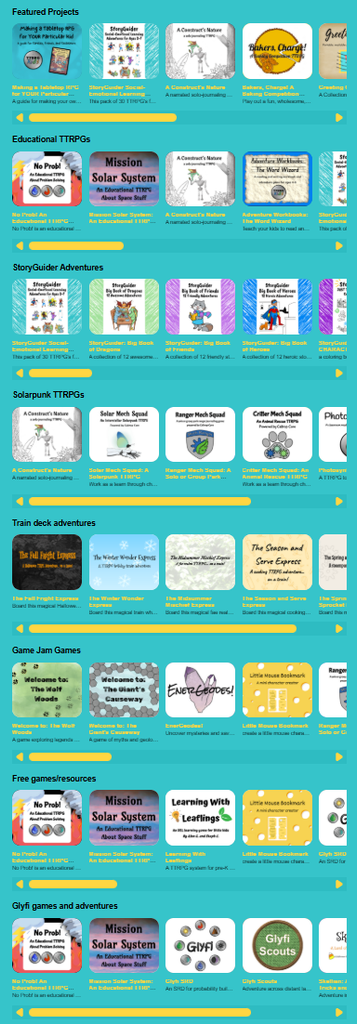 a screenshot of the TTRPGkids itchio page showing LOTS of differnet games for all-ages