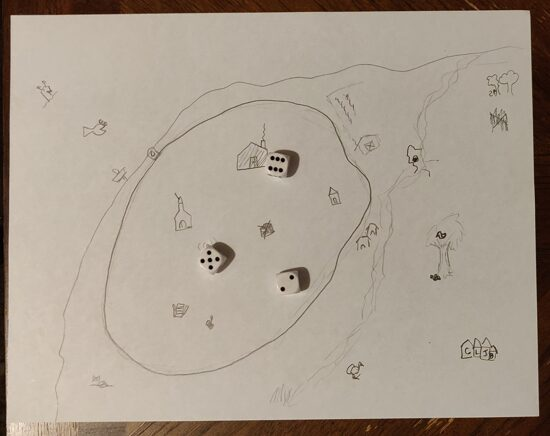 a drawing of our map from The Quiet Year with three dice counters marking in-progress projects