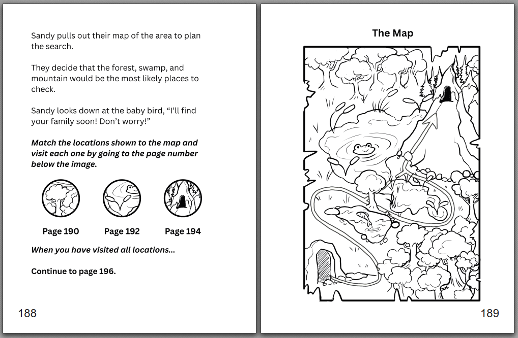 shows a page from the book that asks players to match image selections to the map shown on the new page