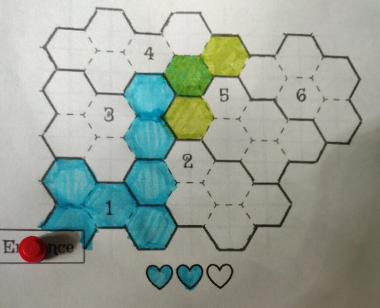 a hex craw map showing a path getting up from the entrance through zones 1, 2, 3, 4, and attempting to get into zone 6