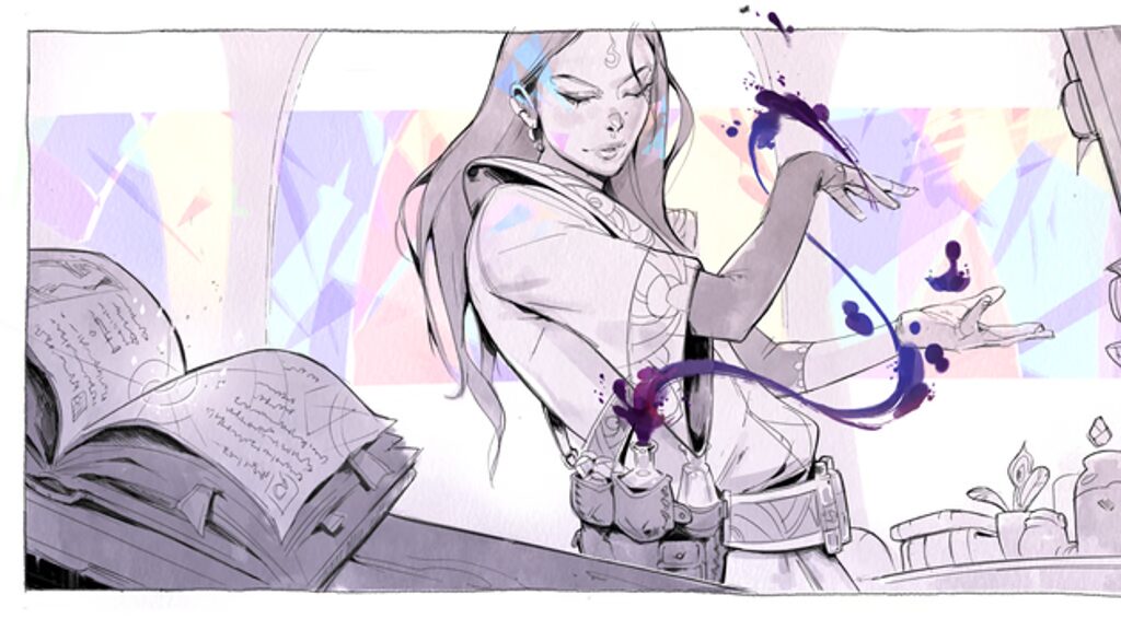 a magic user pulling enchanted ink out of bottle