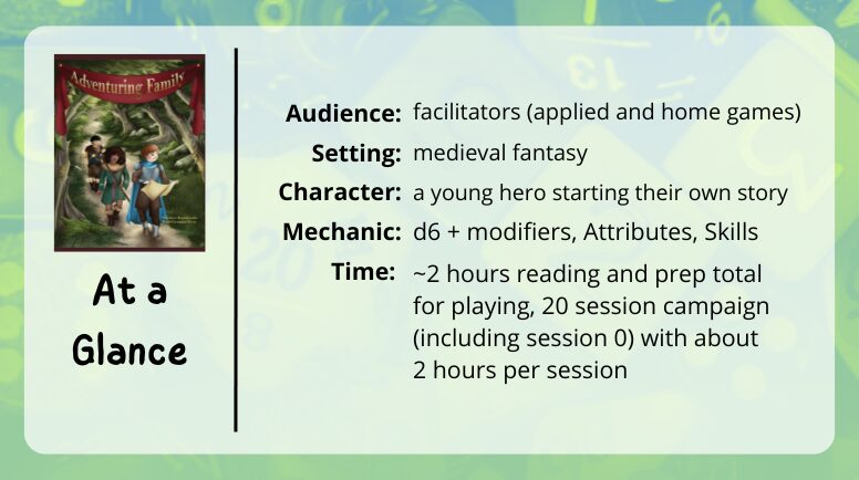 Adventuring Family at a glance
Audience: facilitators (applied and home games)
Setting: medieval fantasy
Character: a young hero starting their own story
Mechanic: d6 + modifiers, Attributes, Skills
Time: ~2 hours reading and prep total
for playing, 20 session campaign (including session 0) with about 2 hours per session