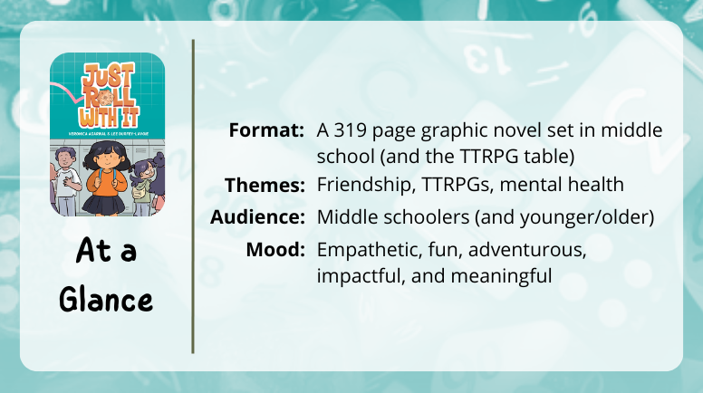 Just Roll With It
at a glance
Format: A 319 page graphic novel set in middle school (and the TTRPG table)
Themes: Friendship, TTRPGs, mental health
Audience: Middle schoolers (and younger/older)
Mood: Empathetic, fun, adventurous, impactful, and meaningful