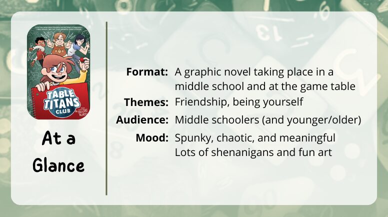 Table Titans Club at a glance

Format: A graphic novel taking place in a middle school and at the game table
Themes: Friendship, being yourself
Audience: Middle schoolers (and younger/older)
Mood: Spunky, chaotic, and meaningful
Lots of shenanigans and fun art