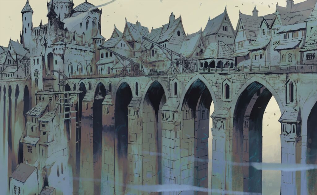 A medieval town built atop a series of stone bridge like pillars with part of the housing cascading/descending down the structure from the base of a castle at the end of the city.