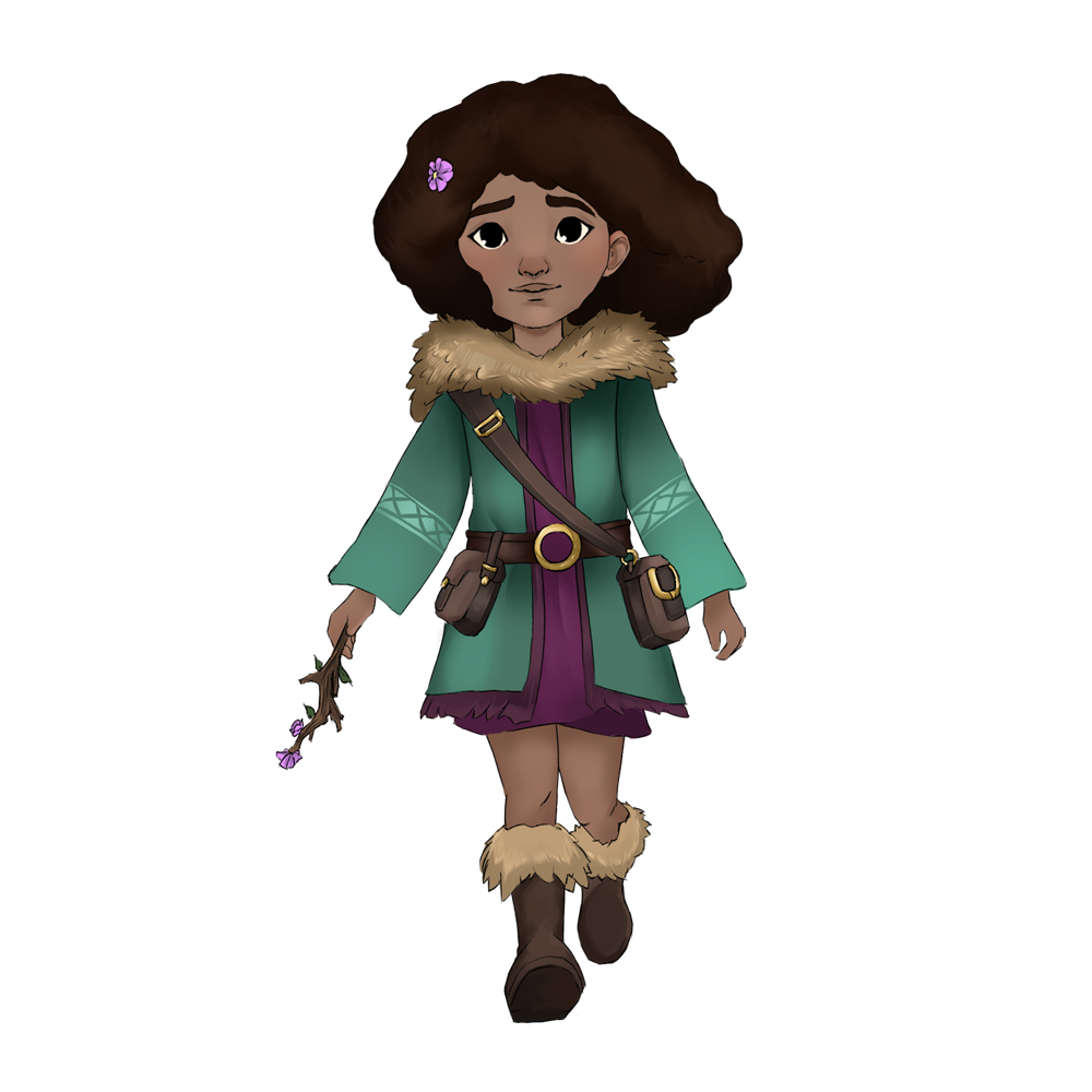 an illustration of a kid who is a druid
they have dark bushy hair and are waring a green coat while holding a flowering branch as a wand