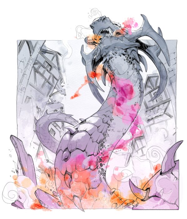 an illustration of a dragon ripping upward through houses and rubble with orange and dark pink flames crawling up around it