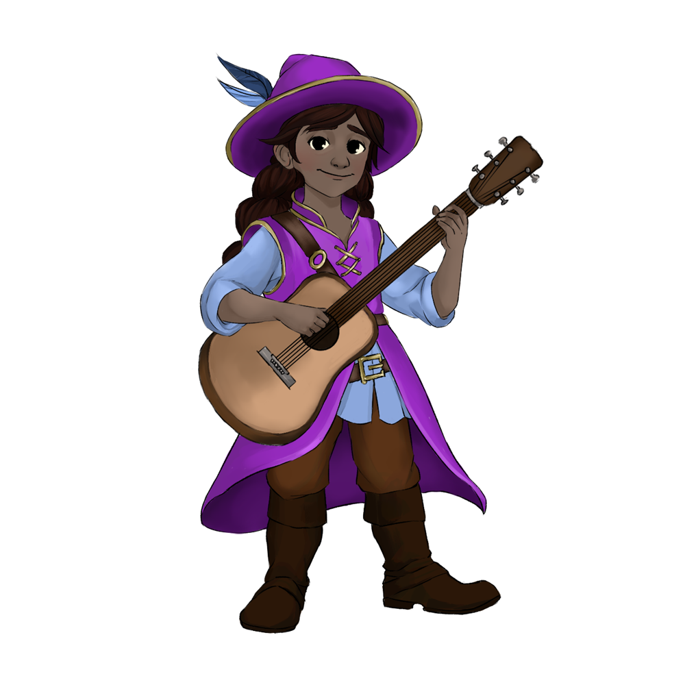 an illustration of a young bard character
this character is holding a guitar and has a fabulous purple hat and coat