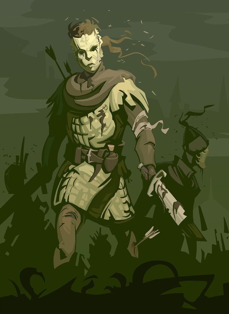 a character wearing a white mask and holding a broken sword while tromping towards the viewer from a battlefield in the background