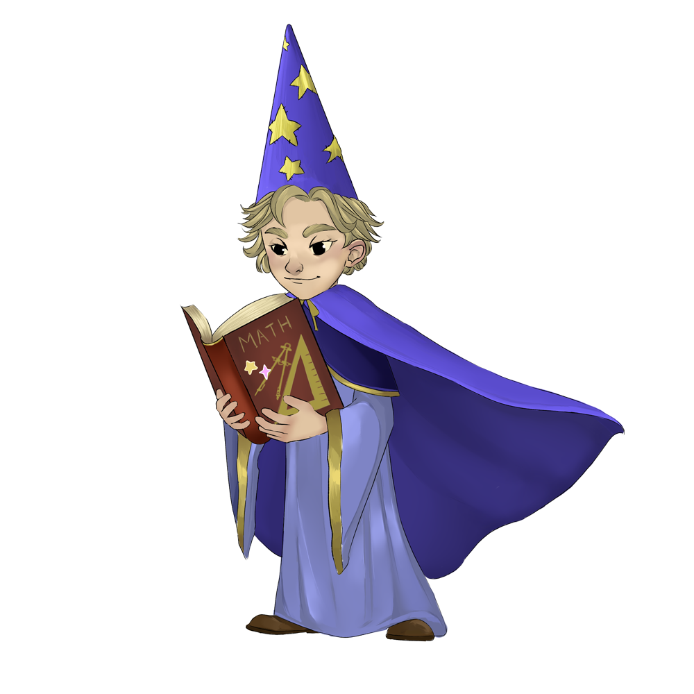 an illustration of a young wizard
this character is reading a math book and wears a very tall pointy had decorated with stars