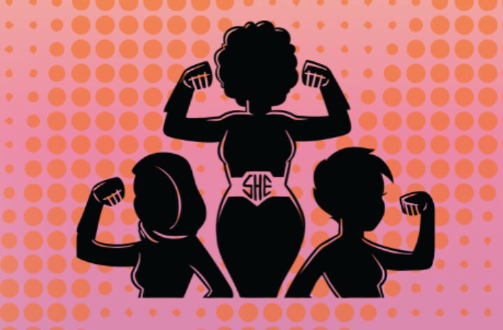 SHE logo showing the silhouette of three superheroines