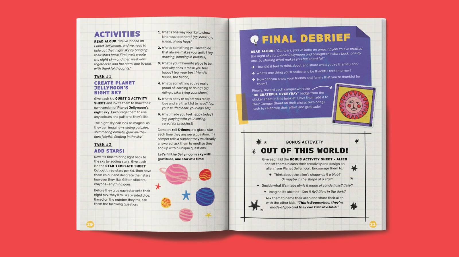 open book pages showing
activities
final debrief
and a bonus activity