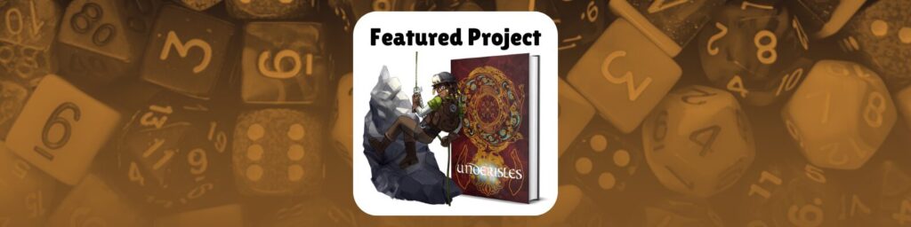 featured project underisles (shows book cover and art of a character rapelling into a cavern)