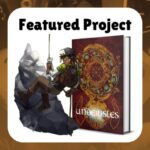 featured project underisles (shows book cover and art of a character rapelling into a cavern)