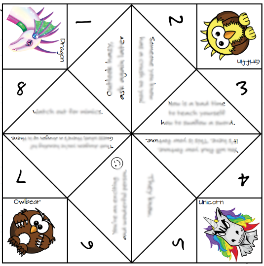 an image of an unfolded cootie catcher featuring a griffin, dragon, unicorn, and owlbear.  The words are blurred out to just respect the book.