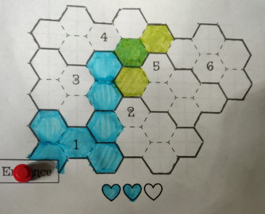 a hex craw map showing a path getting up from the entrance through zones 1, 2, 3, 4, and attempting to get into zone 6