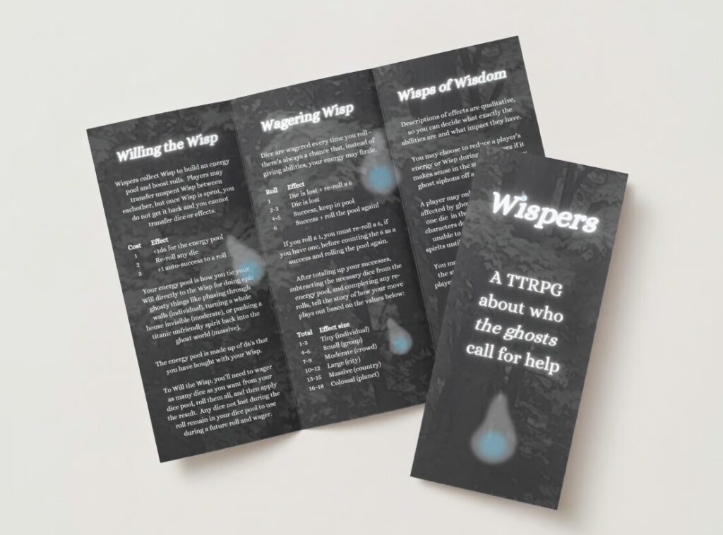a screenshot of Wispers, a brochure style TTRPG about who the ghosts call for help