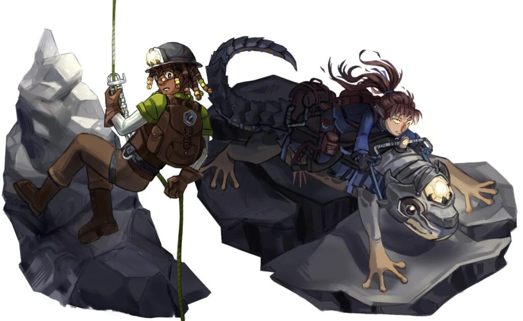 an explorer spelunking down into a cave by descending from a rope
and
an explorer riding around on what looks like a giant naked molerat like creature
