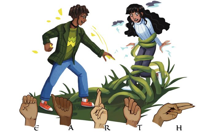 a character casting a plant spell to wrap up another character.  below the illustration, there is another illstruation showing sign language for spelling out EARTH