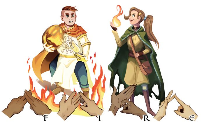 two characters casting fire spells with sign language for FIRE below them