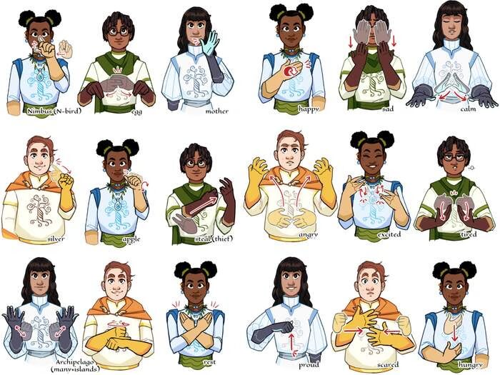18 illstrations of characters signing various words like egg, calm, apple, excited, tired, rest, and proud