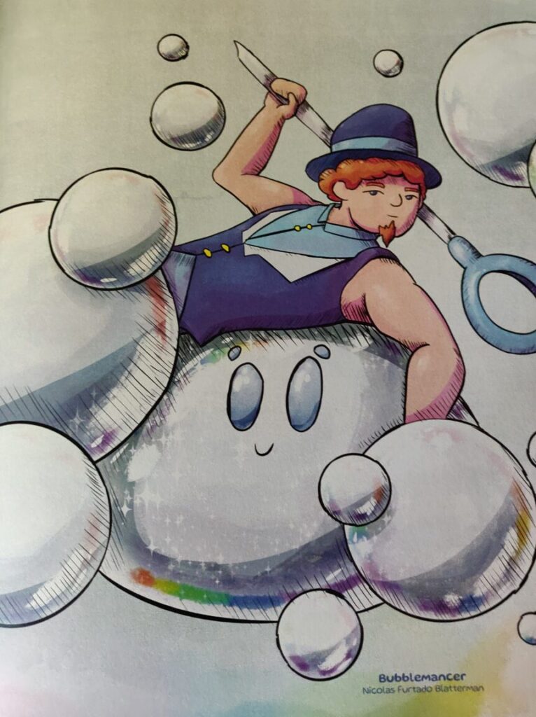 Bubblemancer
by Nichola Furtado Blatterman
a redhaired individual holding an oversized bubble wand and relaxing over a giant smiling bubble friend