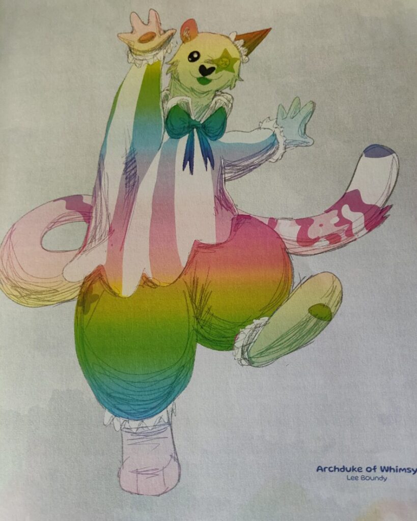 Archudke of Whimsy
by Lee Boundy
an otterlike individual with long catlike tail in a rainbow circus outfit